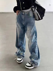 Street Skeleton Hand Print Boyfriend Jeans