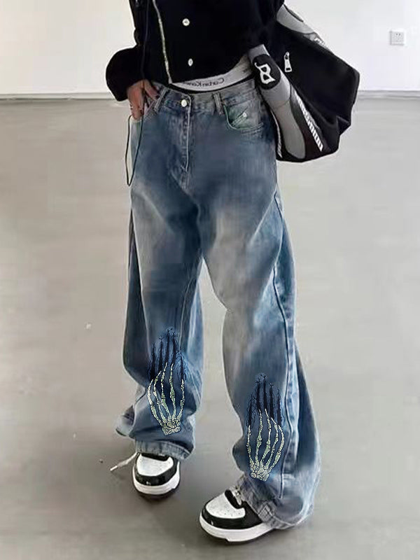 Street Skeleton Hand Print Boyfriend Jeans
