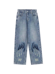 Street Skeleton Hand Print Boyfriend Jeans