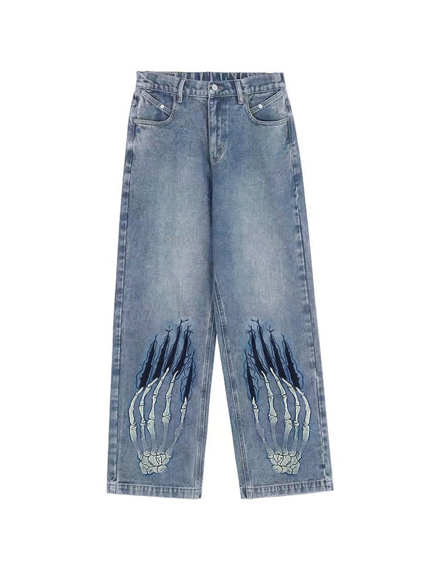 Street Skeleton Hand Print Boyfriend Jeans