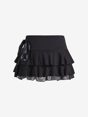 Bow Lace Splice Low Rise Tiered Mini Skirt