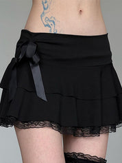 Bow Lace Splice Low Rise Tiered Mini Skirt