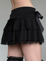Bow Lace Splice Low Rise Tiered Mini Skirt