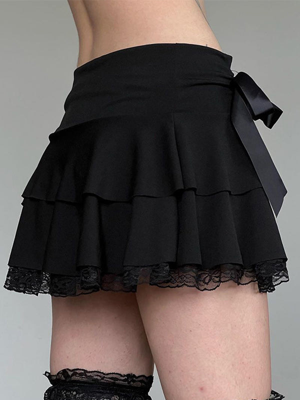 Bow Lace Splice Low Rise Tiered Mini Skirt