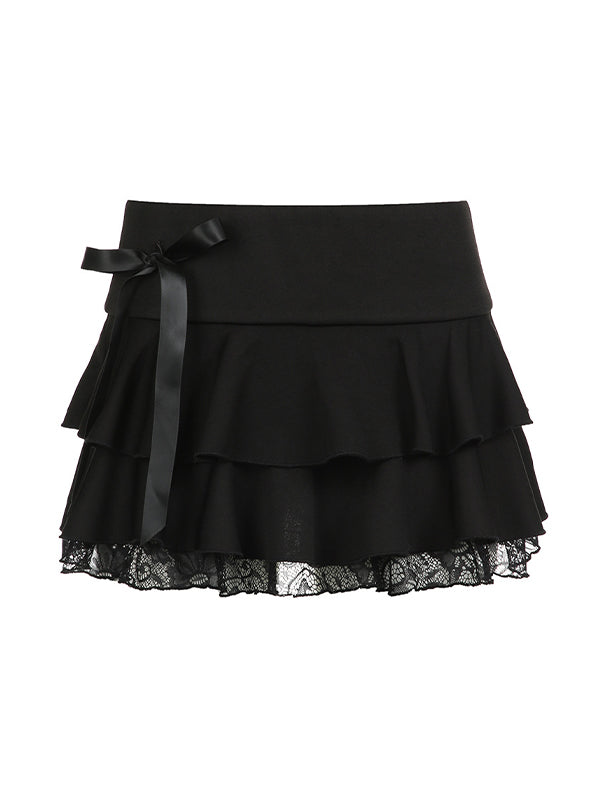 Bow Lace Splice Low Rise Tiered Mini Skirt