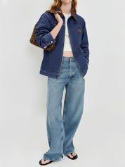Women Contrast Collar Cropped Zip Up Barn Denim Jacket