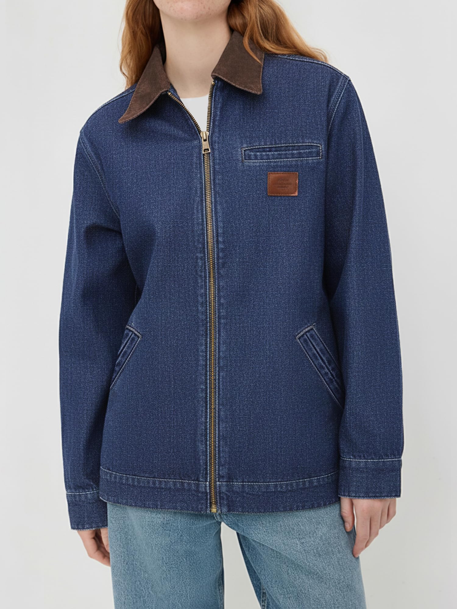 Women Contrast Collar Cropped Zip Up Barn Denim Jacket