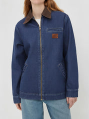 Women Contrast Collar Cropped Zip Up Barn Denim Jacket