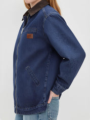 Women Contrast Collar Cropped Zip Up Barn Denim Jacket