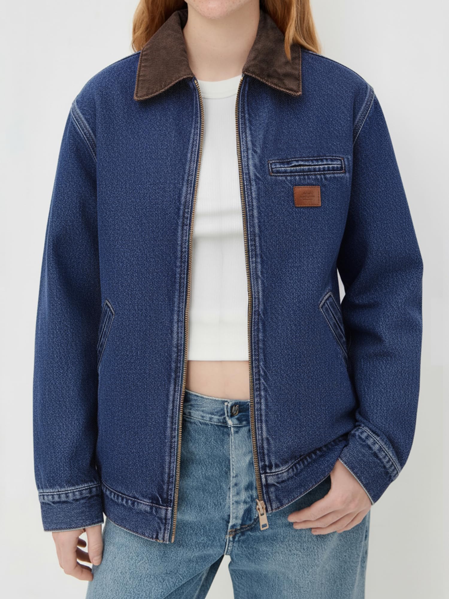 Women Contrast Collar Cropped Zip Up Barn Denim Jacket