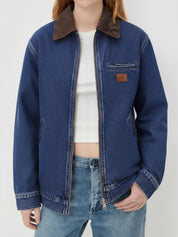 Women Contrast Collar Cropped Zip Up Barn Denim Jacket