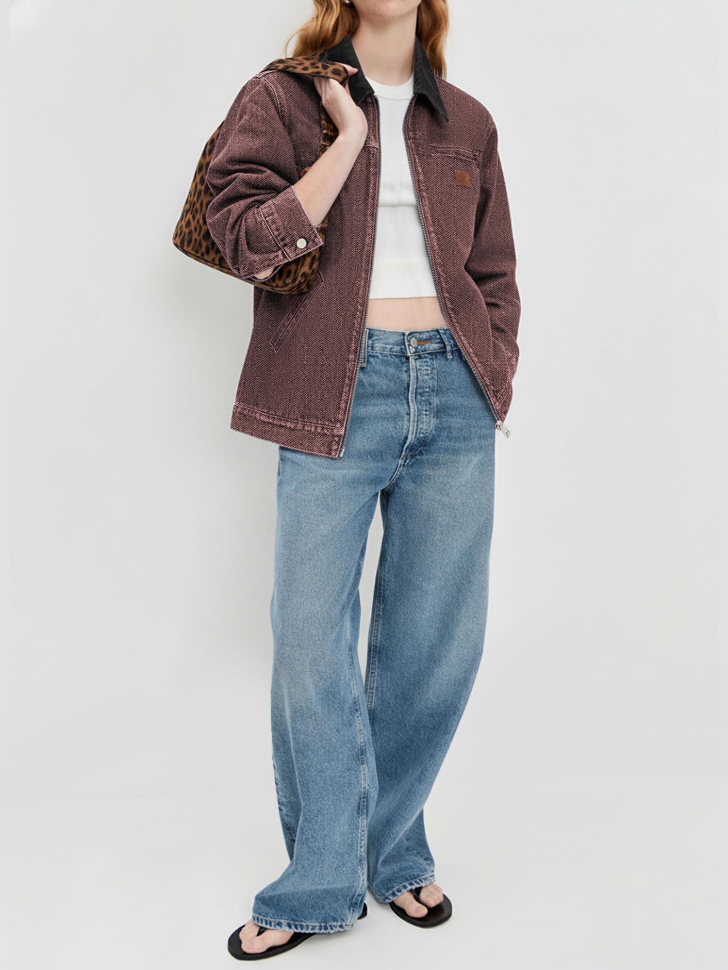 Women Contrast Collar Cropped Zip Up Barn Denim Jacket