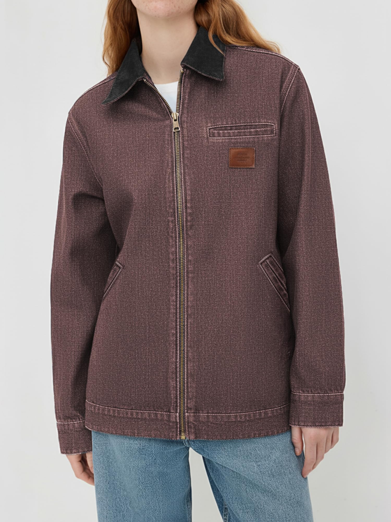 Women Contrast Collar Cropped Zip Up Barn Denim Jacket
