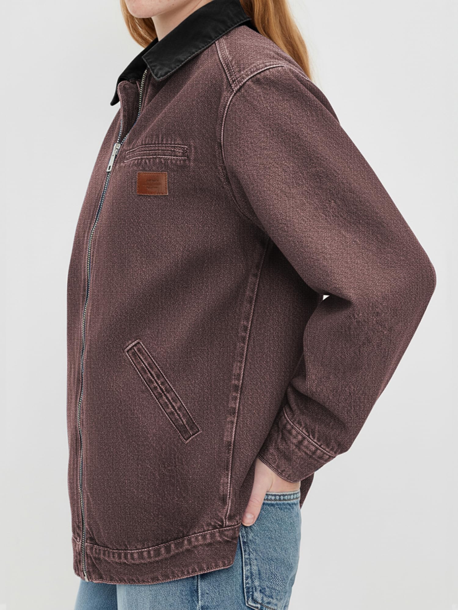 Women Contrast Collar Cropped Zip Up Barn Denim Jacket