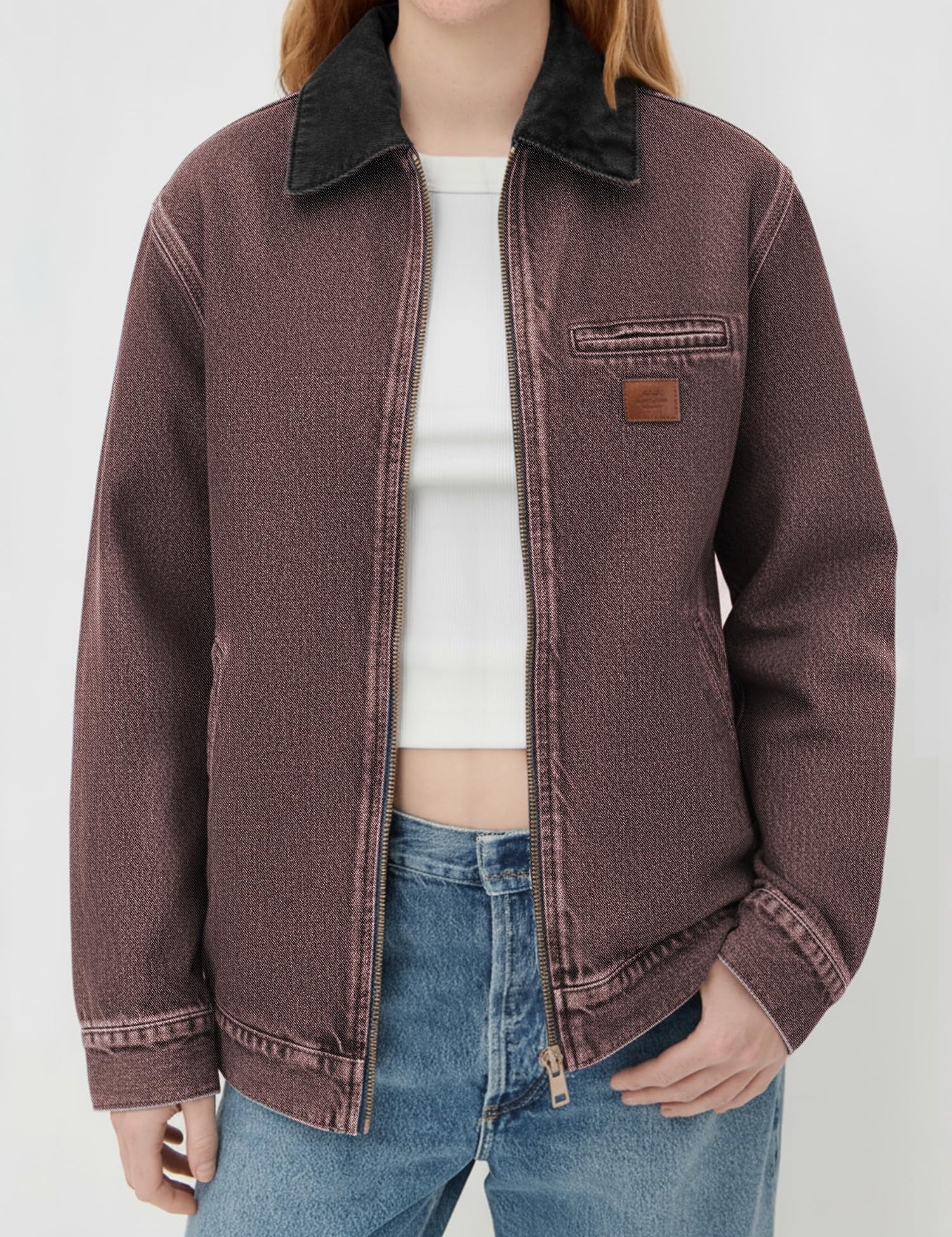 Women Contrast Collar Cropped Zip Up Barn Denim Jacket