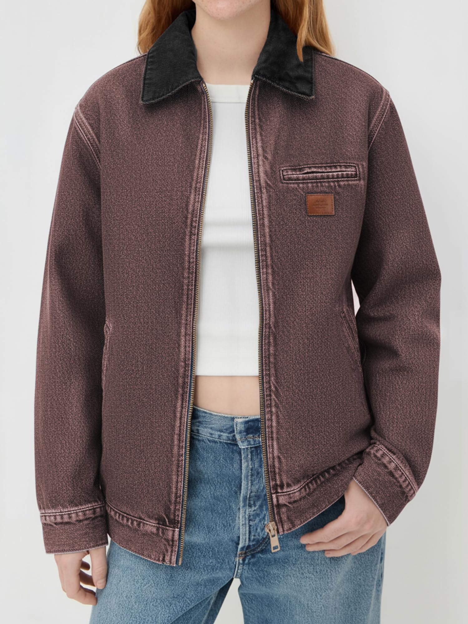 Women Contrast Collar Cropped Zip Up Barn Denim Jacket