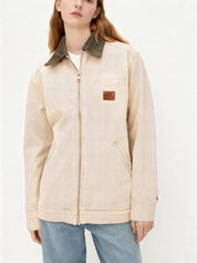 Women Contrast Collar Cropped Zip Up Barn Denim Jacket