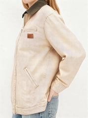 Women Contrast Collar Cropped Zip Up Barn Denim Jacket