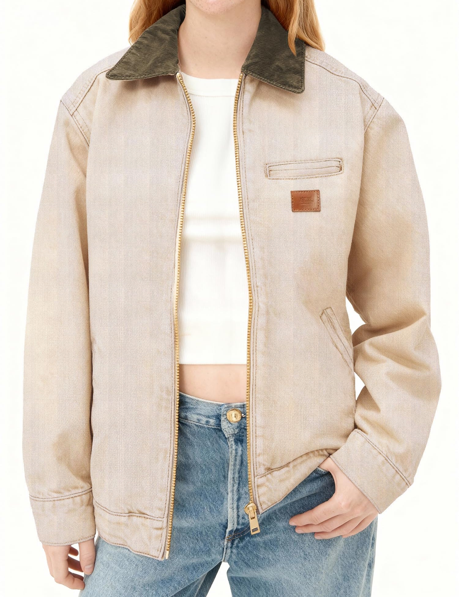 Women Contrast Collar Cropped Zip Up Barn Denim Jacket