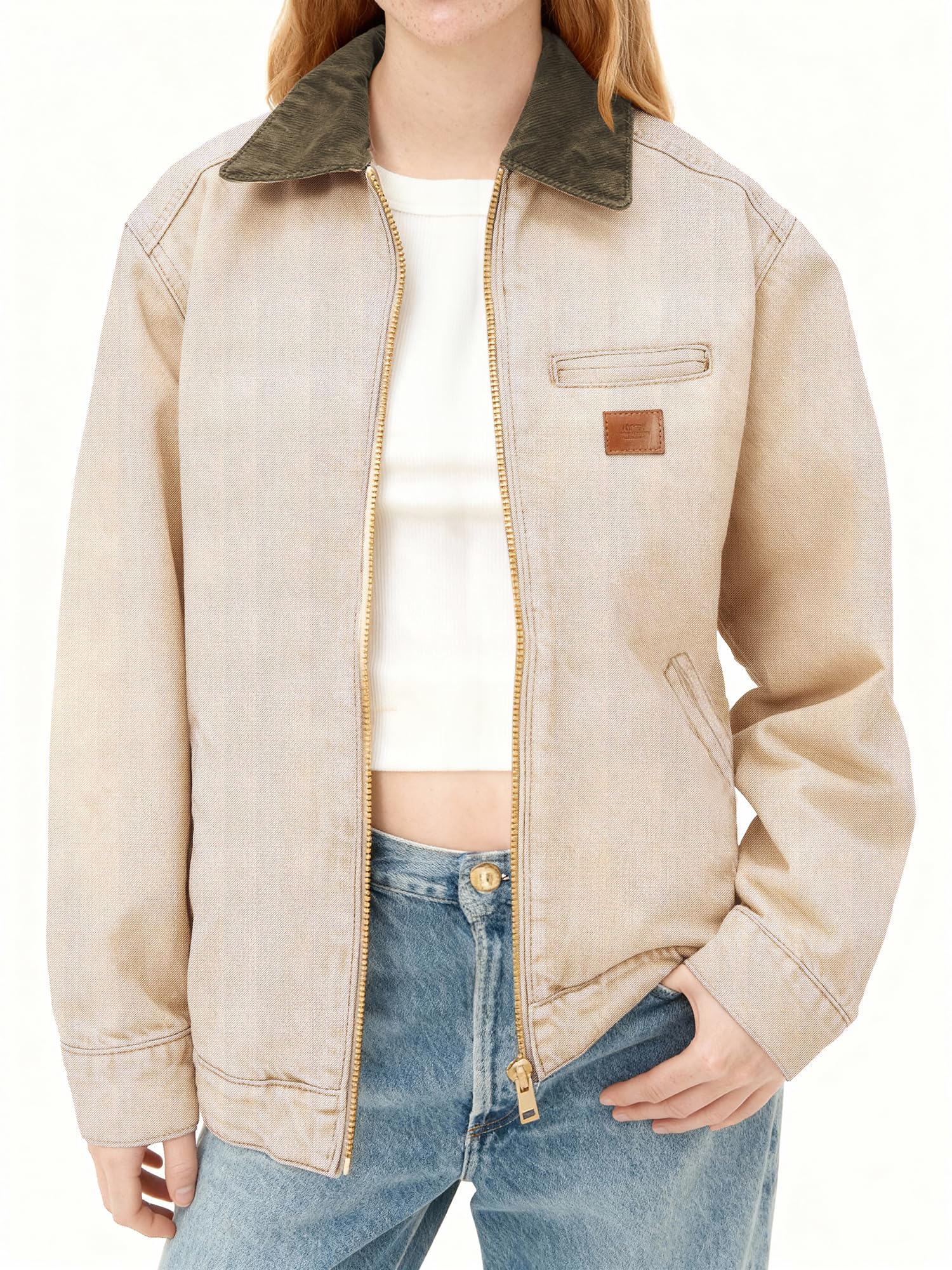Women Contrast Collar Cropped Zip Up Barn Denim Jacket