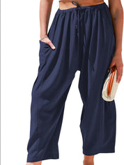 Elastic Waist Cotton-Linen Blend Pleated Mid-Rise Loose-Fitting Casual Wide Leg Pants
