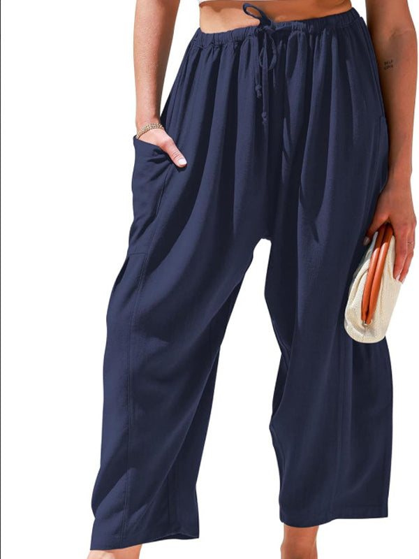 Elastic Waist Cotton-Linen Blend Pleated Mid-Rise Loose-Fitting Casual Wide Leg Pants