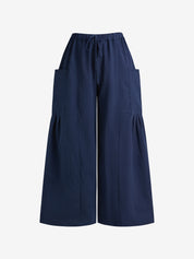 Elastic Waist Cotton-Linen Blend Pleated Mid-Rise Loose-Fitting Casual Wide Leg Pants