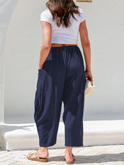 Elastic Waist Cotton-Linen Blend Pleated Mid-Rise Loose-Fitting Casual Wide Leg Pants