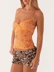Sequined Heavy Embroidery Form-Fitting Sexy Backless Halter Tank Top