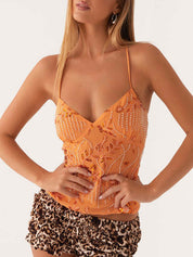 Sequined Heavy Embroidery Form-Fitting Sexy Backless Halter Tank Top