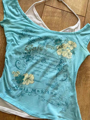 Vintage-Style Halter Neck Faux Two-Piece Design Short-Sleeved T-Shirt