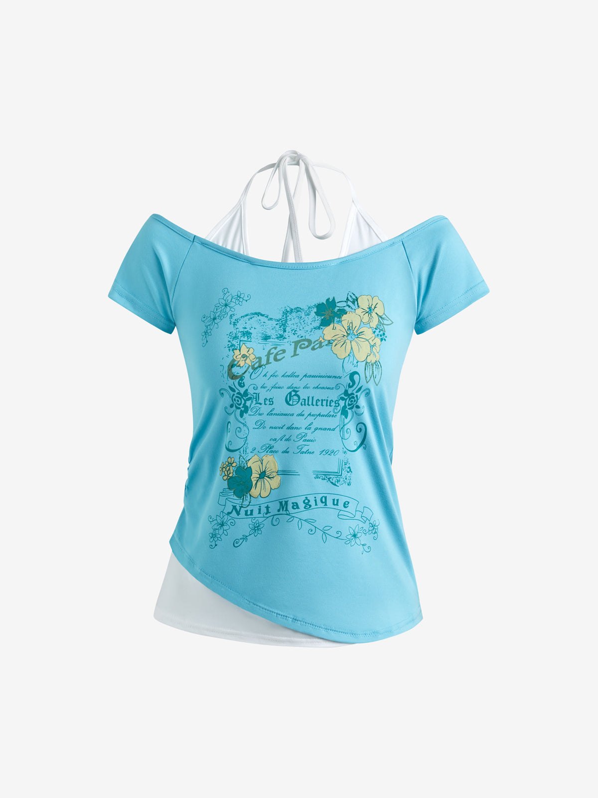 Vintage-Style Halter Neck Faux Two-Piece Design Short-Sleeved T-Shirt