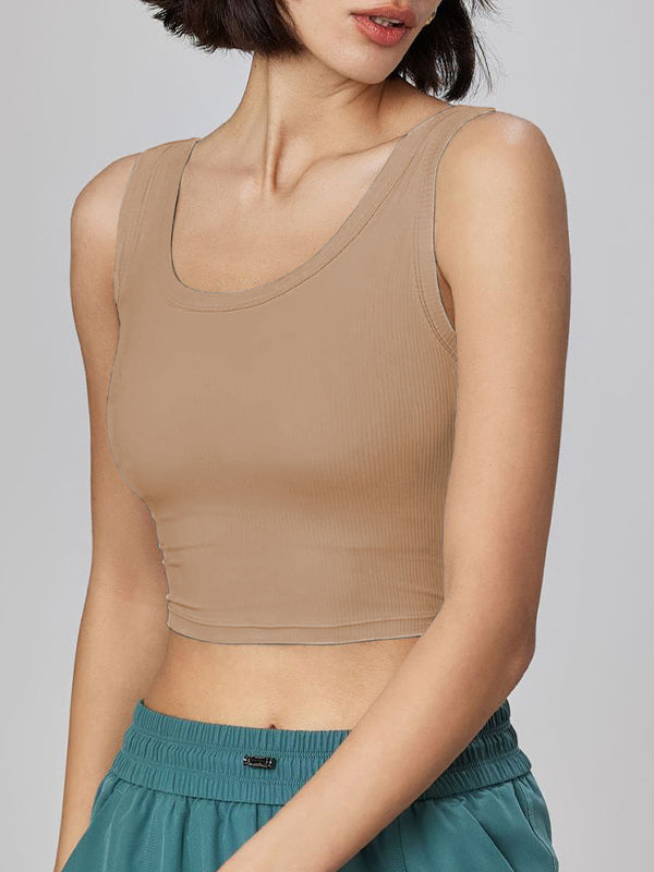 High-Quality Soft Vest With Elastic Ribbed Band, Chest Pads, And Round Cami Top