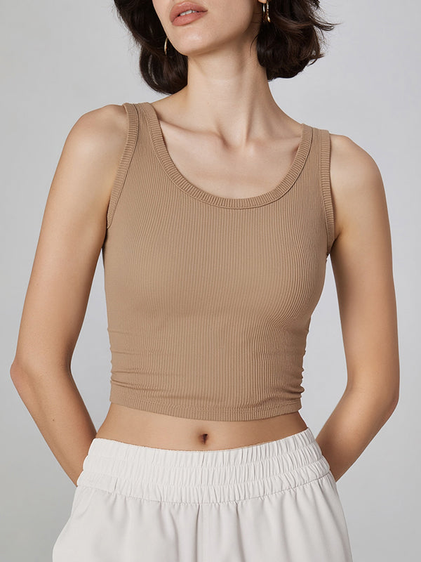 High-Quality Soft Vest With Elastic Ribbed Band, Chest Pads, And Round Cami Top