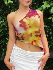 Floral Print Sleeveless One-Shoulder Asymmetrical Neckline Irregular Vacation-Style Tank Top