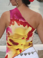 Floral Print Sleeveless One-Shoulder Asymmetrical Neckline Irregular Vacation-Style Tank Top