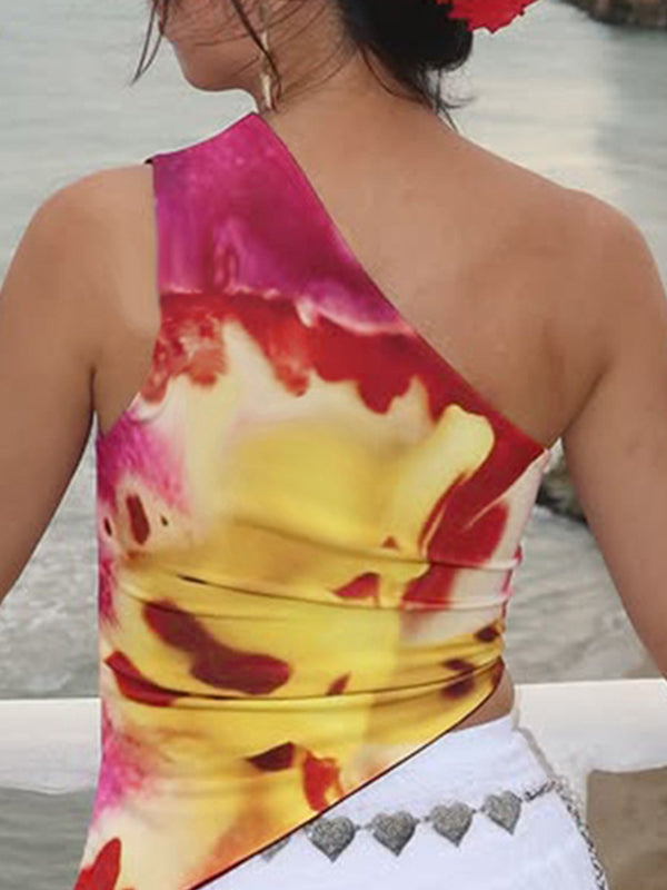 Floral Print Sleeveless One-Shoulder Asymmetrical Neckline Irregular Vacation-Style Tank Top