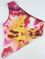 Floral Print Sleeveless One-Shoulder Asymmetrical Neckline Irregular Vacation-Style Tank Top
