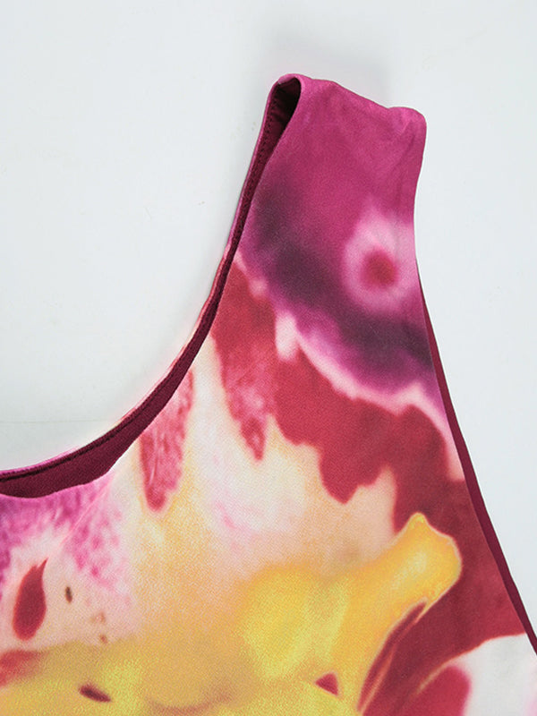 Floral Print Sleeveless One-Shoulder Asymmetrical Neckline Irregular Vacation-Style Tank Top