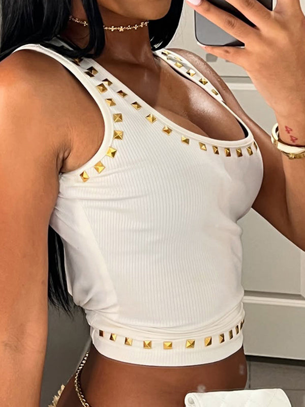 American-Style Street Metal Square Rhinestone T-Shirt With Square Neck And Short Sleeves