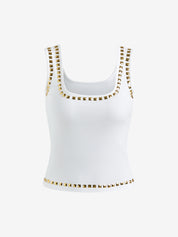 American-Style Street Metal Square Rhinestone T-Shirt With Square Neck And Short Sleeves
