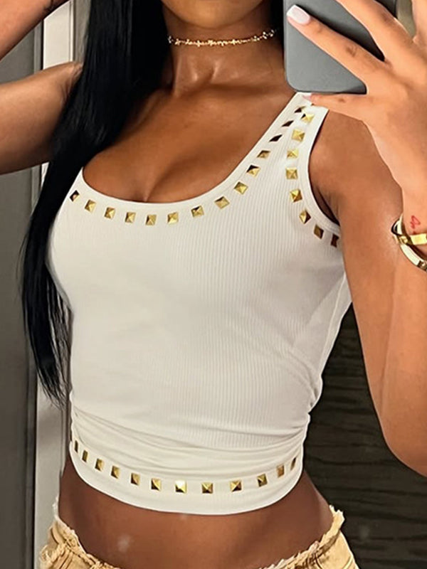 American-Style Street Metal Square Rhinestone T-Shirt With Square Neck And Short Sleeves