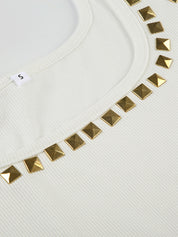 American-Style Street Metal Square Rhinestone T-Shirt With Square Neck And Short Sleeves