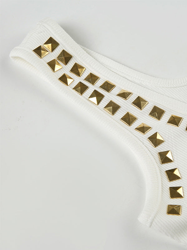 American-Style Street Metal Square Rhinestone T-Shirt With Square Neck And Short Sleeves
