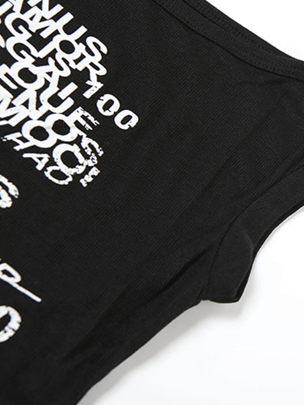 Fashionable Hot Girl Personalized Letter Print See-Through Short One-Shoulder Tank Top