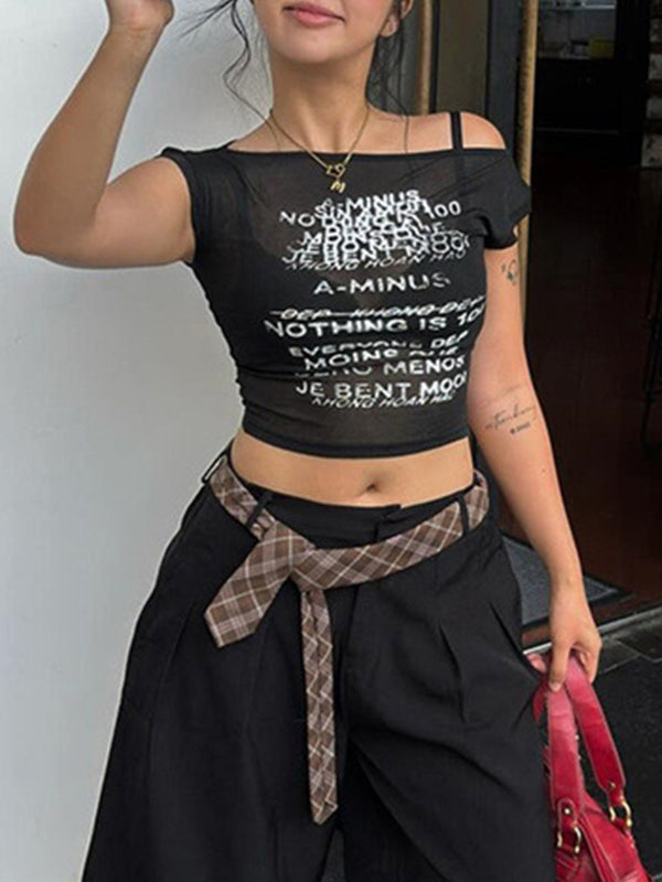 Fashionable Hot Girl Personalized Letter Print See-Through Short One-Shoulder Tank Top