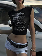 Fashionable Hot Girl Personalized Letter Print See-Through Short One-Shoulder Tank Top