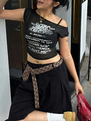 Fashionable Hot Girl Personalized Letter Print See-Through Short One-Shoulder Tank Top