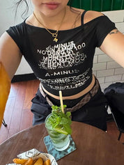 Fashionable Hot Girl Personalized Letter Print See-Through Short One-Shoulder Tank Top