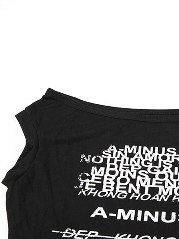 Fashionable Hot Girl Personalized Letter Print See-Through Short One-Shoulder Tank Top